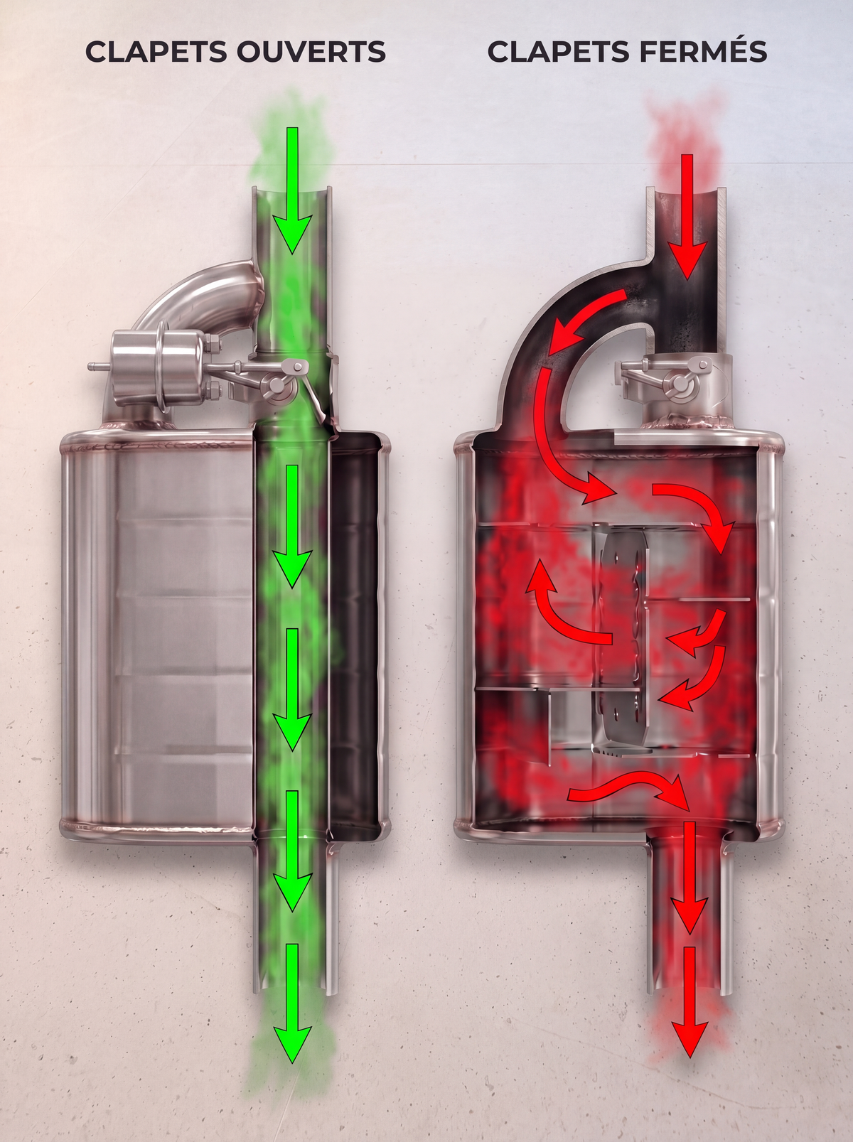 Schéma du silencieux à clapets ROG : flux des gaz clapets ouverts et clapets fermés