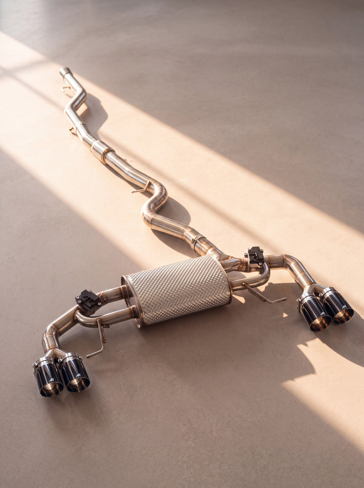 Brushed titanium valved exhaust for BMW 320i / 330i GT F34 2.0T N20/B48 (2013-2020), pure sound without resonator, Rog gloss black tips - RogMotorsport