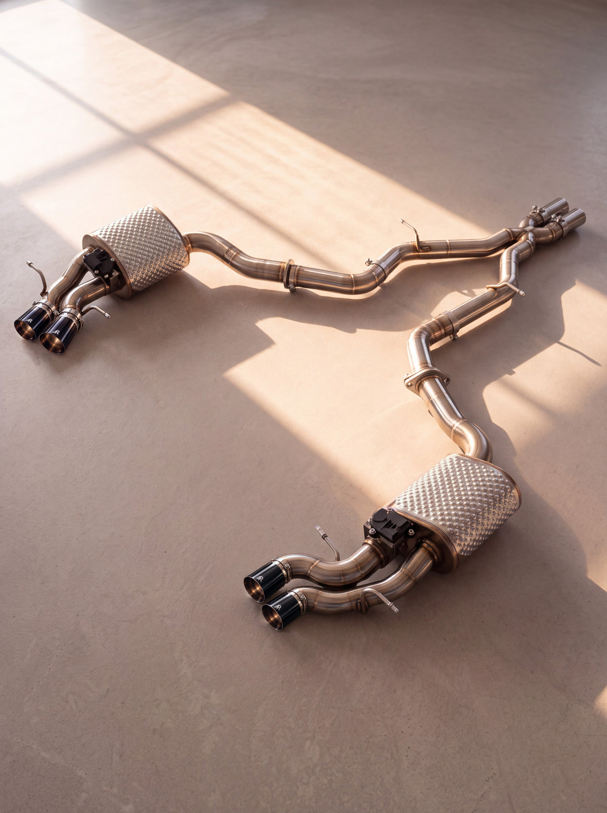 Brushed titanium valved exhaust for Mercedes-AMG E63 W212 / S212 6.2 V8 (2009-2011), pure sound without resonator, Rog gloss black tips - RogMotorsport
